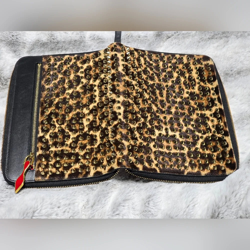Rare Find-Christian Louboutin Leopard Pony Hair Cris Spiked Clutch/iPad Case COA